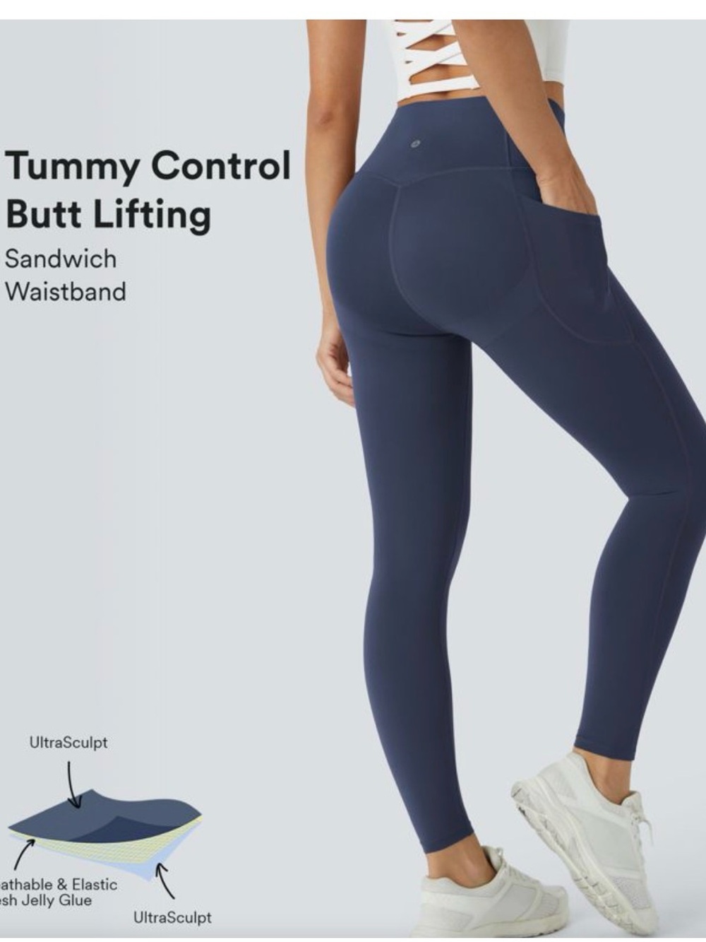 HALARA Navy High-Waist Tummy Control Leggings with Side Pocket